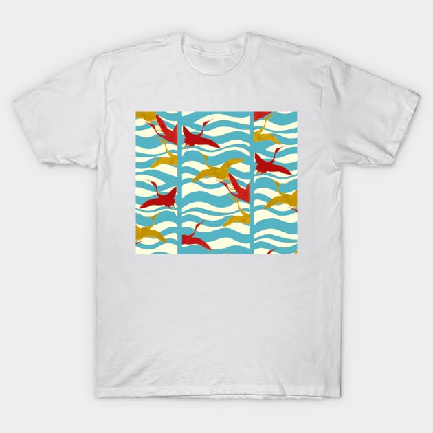 RED YELLOW FLYING CRANES ON WHITE BLUE SEA WAVES T-Shirt by BulganLumini